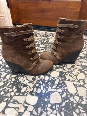 BCBGeneration Brown Suede Wedge Ankle Boots with Buckle Straps